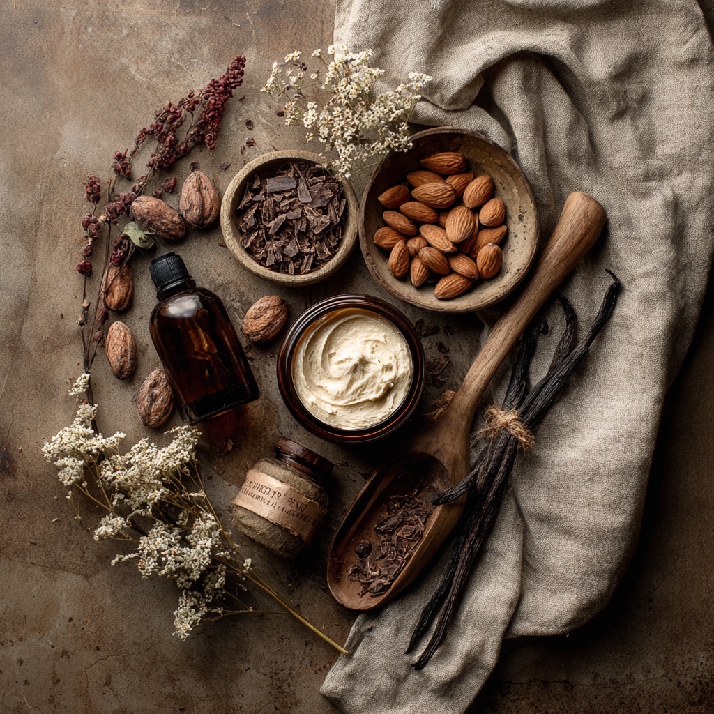 Cocoa Dust whipped shea butter in amber glass jar, styled with cacao nibs, almonds, vanilla beans, and dried florals on linen.