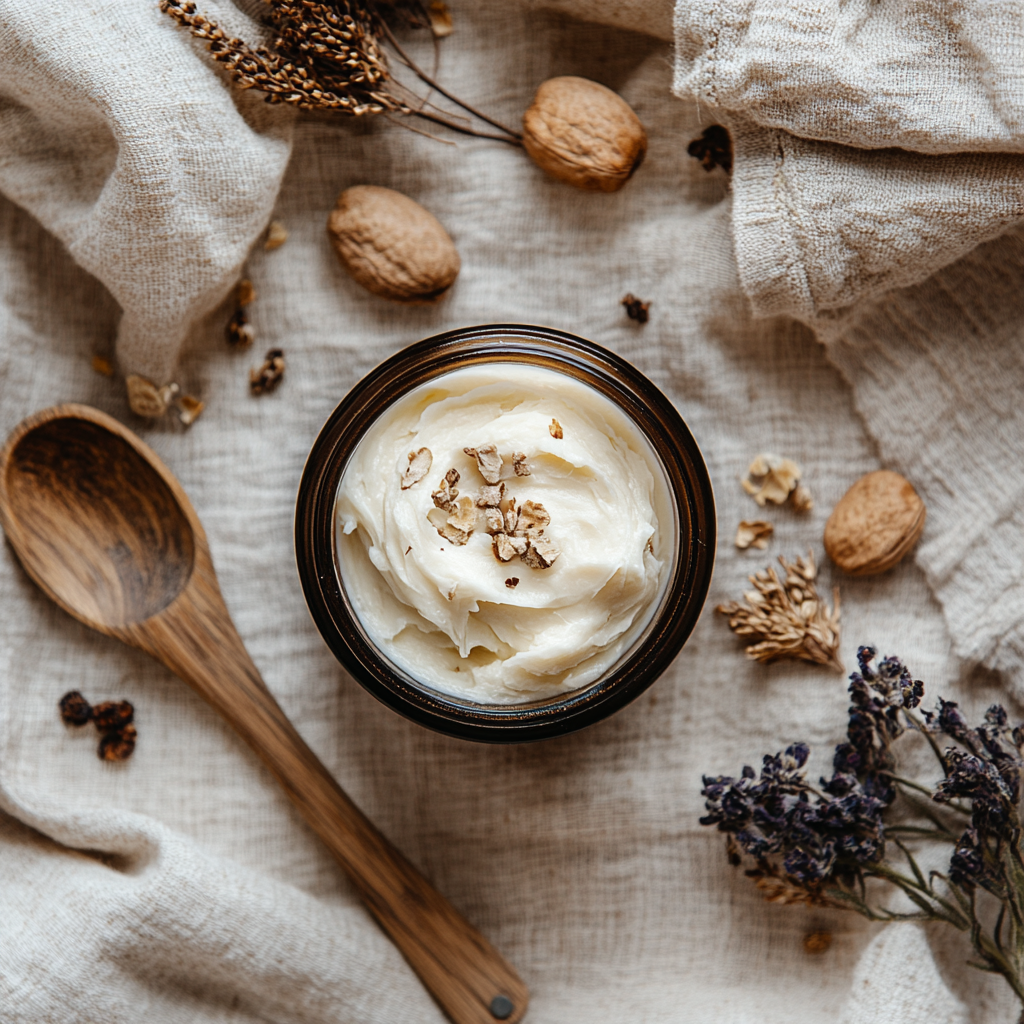 Heirloom whipped shea butter in amber glass jar.