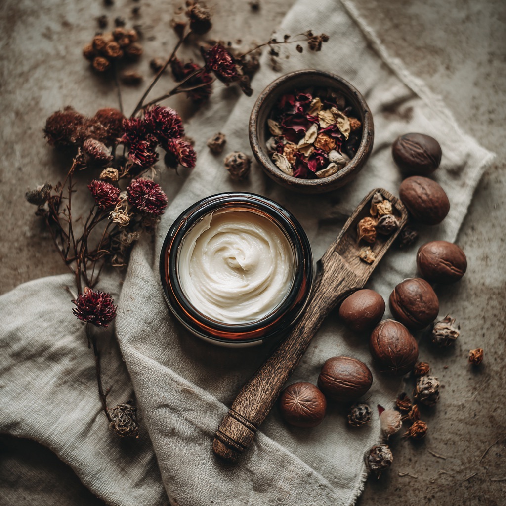 Sanctuary whipped shea butter in amber glass jar, styled with dried rose petals, macadamia nuts, and burgundy florals on linen.
