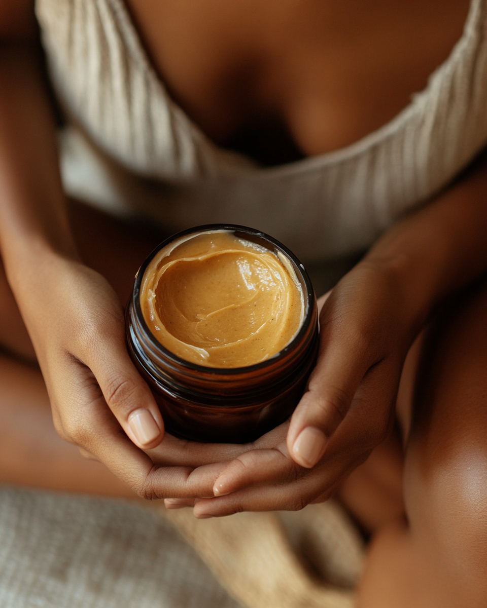 Hands cradling an open amber jar of whipped shea body butter.