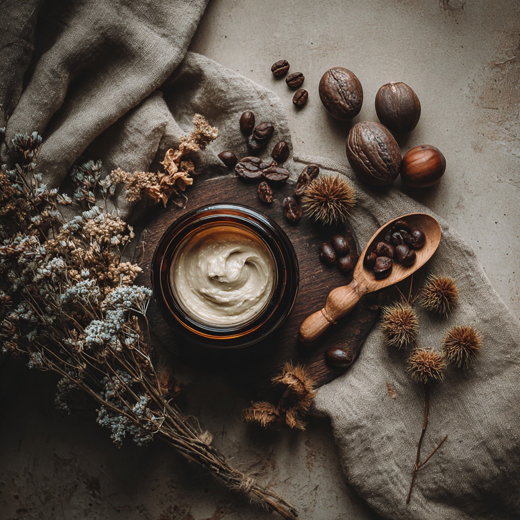 Sunday Morning whipped shea butter in amber glass jar, styled with dried florals, coffee beans, and walnuts on linen.